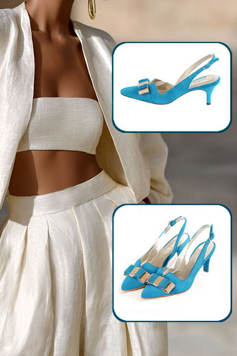 Women's turquoise blue and gold elegant slingback heels, with a bow on the front. Tapered toe. Medium slim heel - Top view